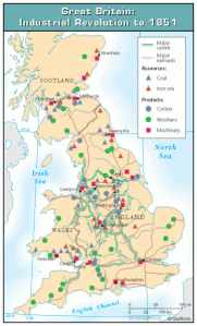 The above map shows the abundant coal and iron resources vital to the Industrial Revolution in Great Britain. There are also large amounts of factories spread throughout the whole land. Taken from http://www.wall-maps.com/classroom/history/world/industrial-revolution-map.asp